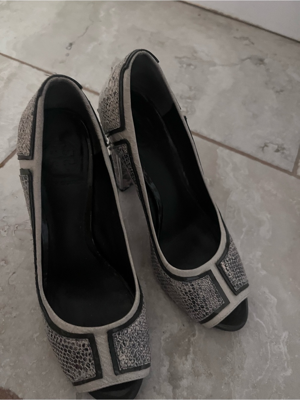Well worn Tory Burch Gray and Black Peep-Toe Heels